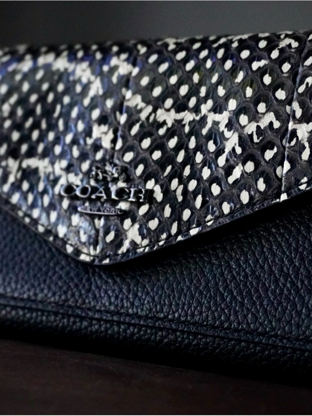Coach Black Pebbled Leather Wallet with Black & White Snakeskin-Effect Flap - Picture 3 of 7